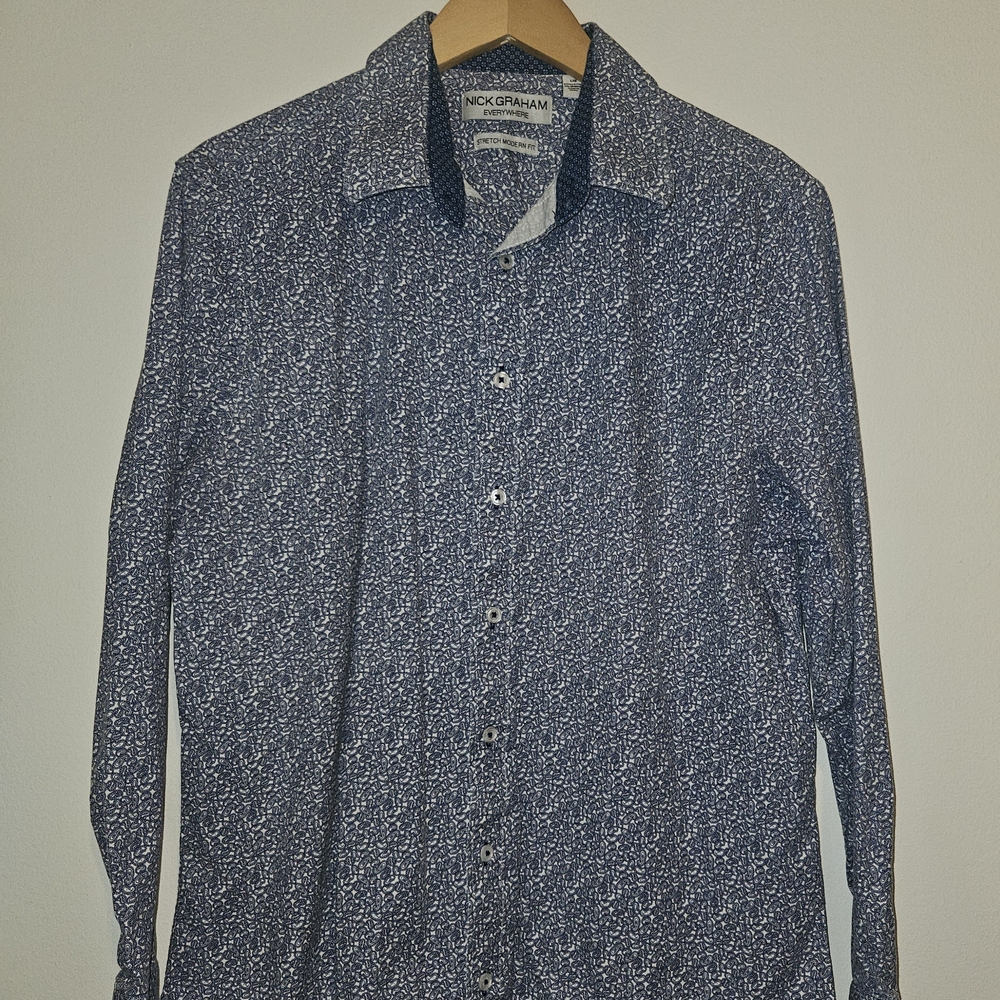 Nick Graham Everywhere Light Blue Patterned Long Sleeve Button Down Shirt Size L